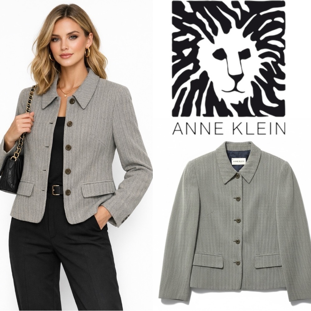 Anne Klein | NWOT Japan Gray Wool Micro-Herringbone Button Front Jacket (sz 4)